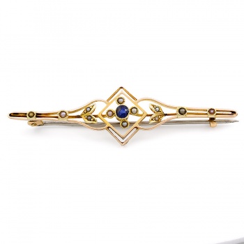 15ct Gold Sapphire/Pearl Bar Brooch